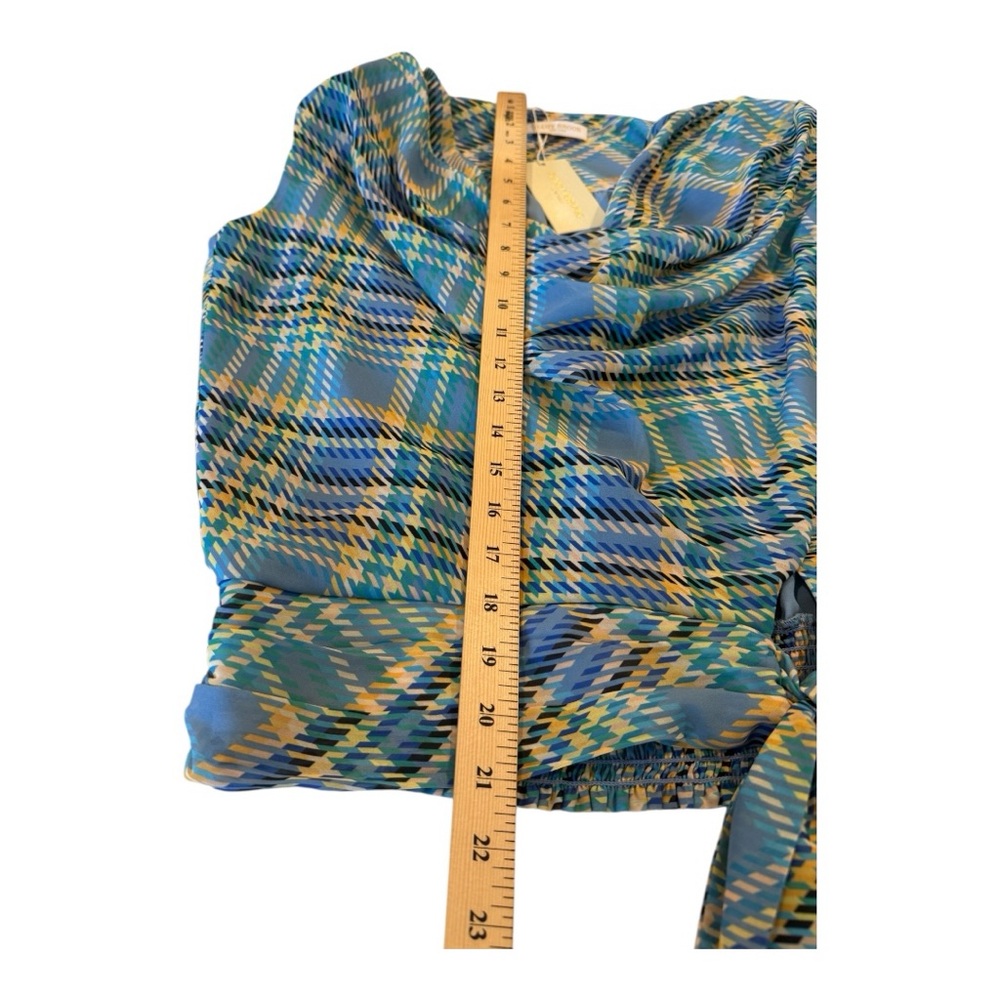 Ramy Brook New York Draped Lt Blue Plaid Cinch Waist Bow Blouse S NWT | $345 - Picture 10 of 16